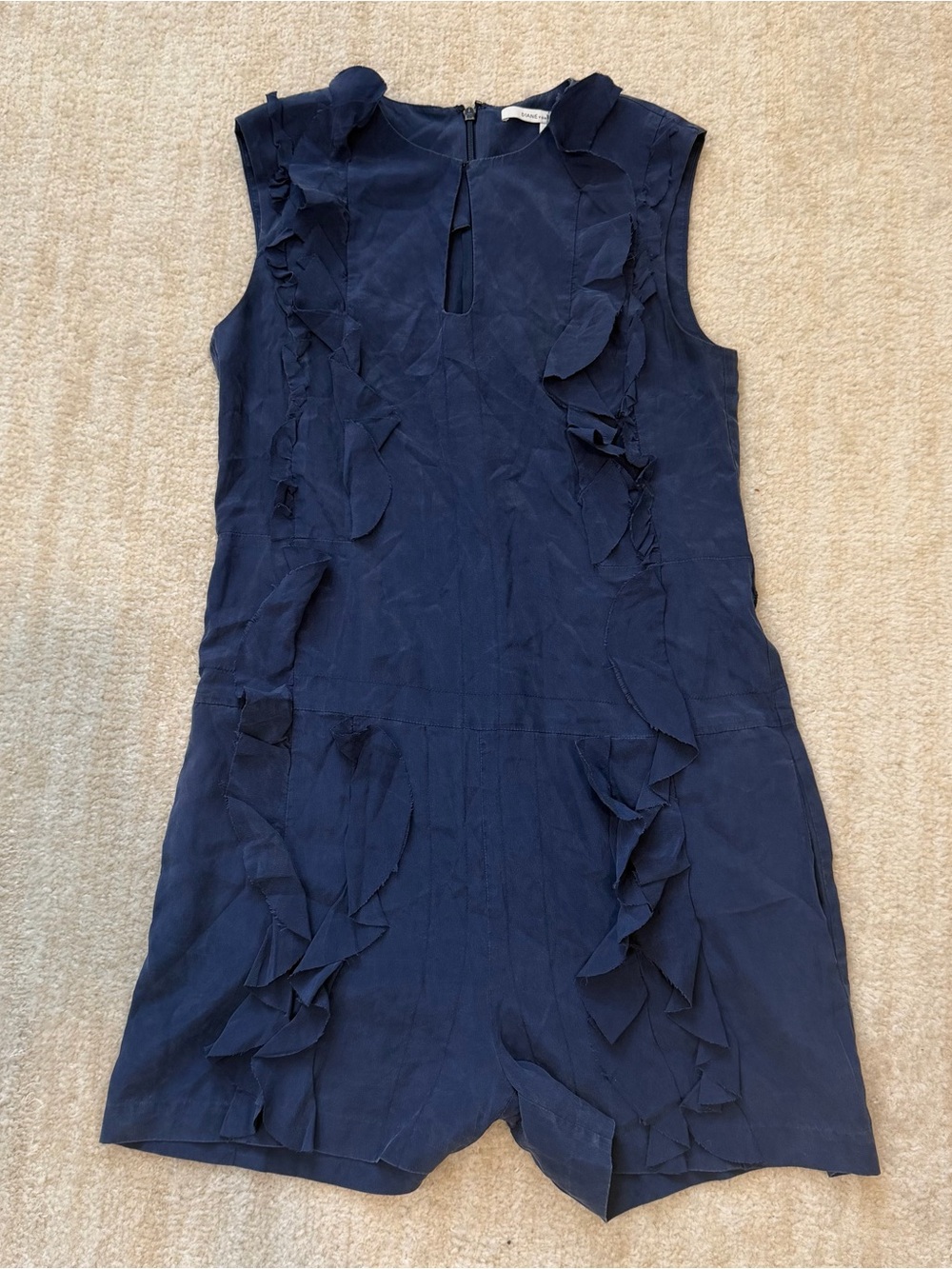 Diane Von Furstenberg Navy Ruffle Trim Sleeveless Romper 100% silk